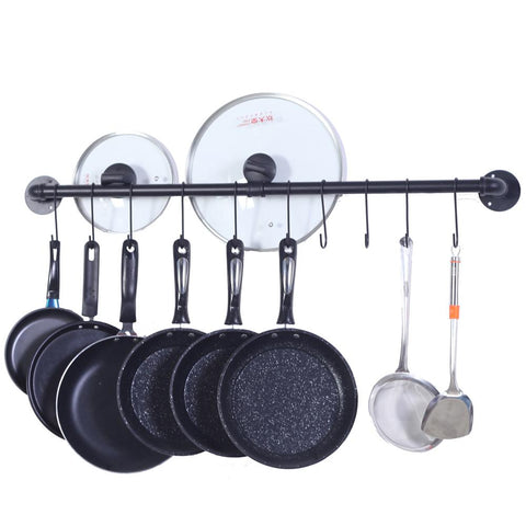 Pot Bar Rack Wall Mounted Detachable Pans Hanging Rail Kitchen Lids Utensils Hanger with 14 S Hooks Black