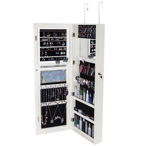 Retro Whole Body Mirror Jewelry Cabinet Storage Armoire, White