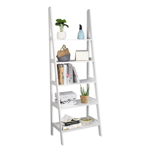 Ladder Shelf, 5-Tier Multifunctional Modern Wood Plant Flower Book Display Shelf, Home Office Storage Rack Leaning Ladder Wall Shelf White