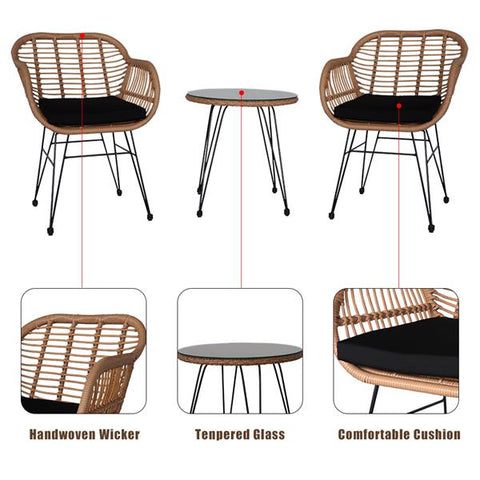 3pcs Wicker Rattan Patio Conversation Set with Tempered Glass Table