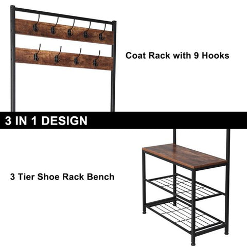 Industrial Coat Rack with Storage Shelf, Shoe Bench