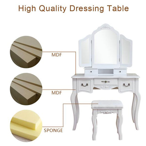 Tri-fold Mirror Dresser with Dressing Stool White