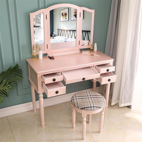 【FCH】Dresser Three-Fold Square Mirror Drawers Roman Column Table/Stool Fluorescent Pink