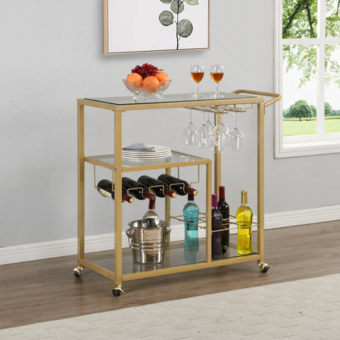 Golden Bar Cart with Wine Rack and Glass Holder, Wine Bar Cabinet with Storage