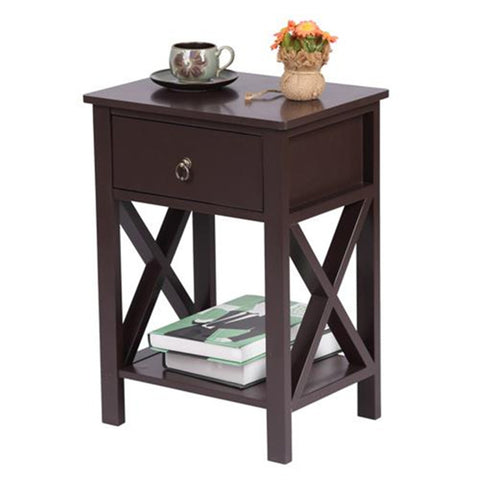 Side Table with 1 Drawer and Storage Shelf, FCH Nightstand Modern, Brown