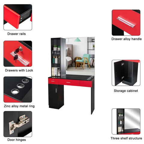 Salon Hairdressing Cabinet with Mirror and Lock, Black and Red