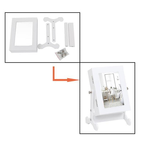 Small Mirror Jewelry Cabinet Organizer Storage Box Countertop with Stand, White