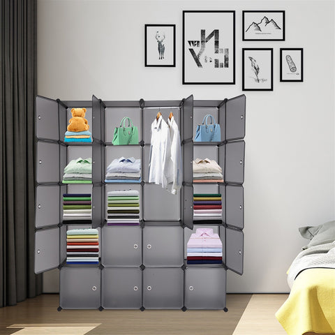 20 Stackable Plastic Cube Storage Organizer Multifunctional Closet with Hanging Rod Gray