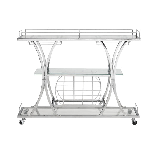 Bar Cart with Wine Rack Silver Modern Glass Metal Frame, Contemporary Chrome Storage