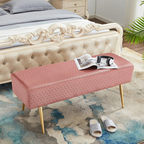 45.7 Inches Velvet Ottoman Rectangular Bench Footstool, Bed End Bench with Golden Metal Legs and Non-Slip Foot Pads for Living Room Bedroom Entryway ?Pink?
