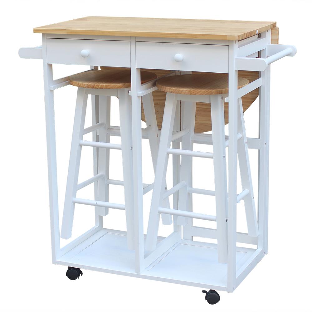 FCH Semicircle Solid Wood Folding Dining Cart with 2 Free Stools White