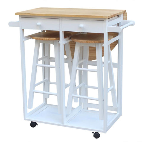 FCH Semicircle Solid Wood Folding Dining Cart with 2 Free Stools White