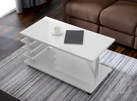 White Coffee Table w/ LED Lights, 4 Wheels, High Gloss Finish