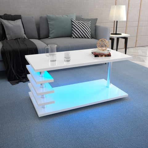 White Coffee Table w/ LED Lights, 4 Wheels, High Gloss Finish
