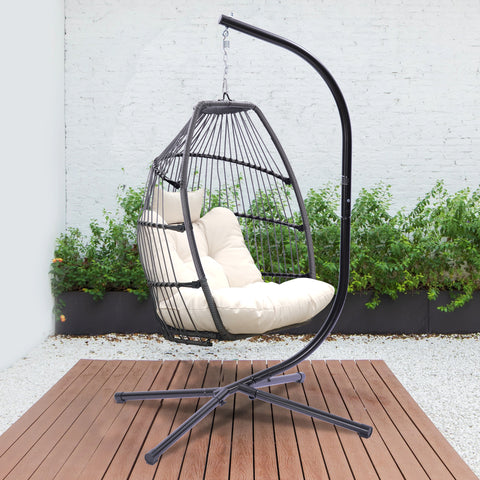 Outdoor Patio Hanging Egg Chair, Light Beige