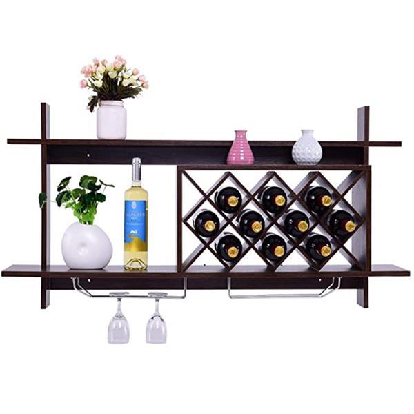 Wall Mounted Wine Rack Organizer W/Metal Glass Holder & Multifunctional Storage Shelf