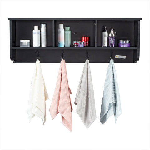 Entry Hall Wall Mount Shelf with 3 Cubby and 4 Hooks, Black