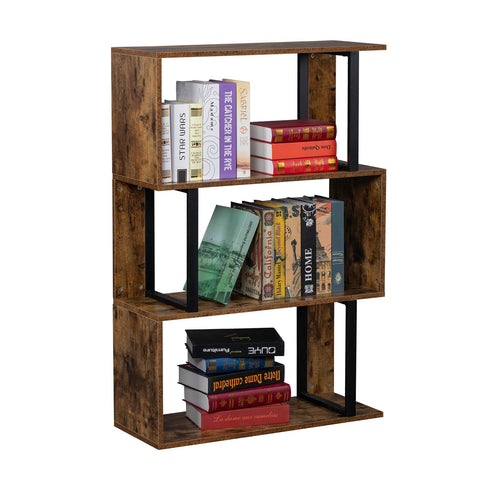 Bookcase and Bookshelf 3 Tier Display Shelf, S-Shaped Z-Shelf Bookshelves, Freestanding Multifunctional Decorative Storage Shelving for Home Office, Vintage Brown Industrial Style