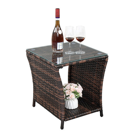 Glass Surface Brown Gradient Iron Frame Rattan Side Table