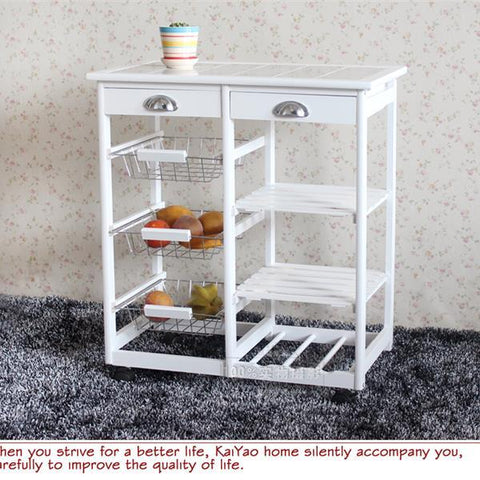 Rolling Kitchen Cart With 2 Drawers, 3 Baskets, 3 Shelf Storage Rack with Wheels, White