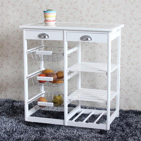 Rolling Kitchen Cart With 2 Drawers, 3 Baskets, 3 Shelf Storage Rack with Wheels, White