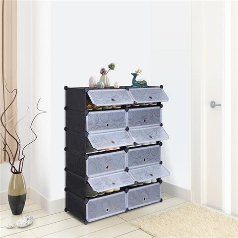 12-Cube Shoe Rack, Plastic Storage Organizer, Modular Closet Cabinet with Doors