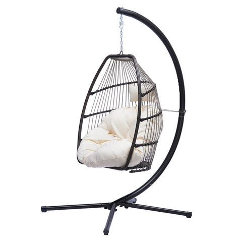 Patio Wicker folding Hanging Chair,Rattan Swing Hammock Egg Chair with X type Base and C Type bracket , with cushion and pillow,for Patio,Bedroom Balcony,Indoor,Outdoor，Beige
