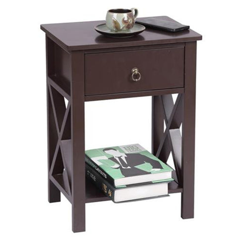 Side Table with 1 Drawer and Storage Shelf, FCH Nightstand Modern, Brown
