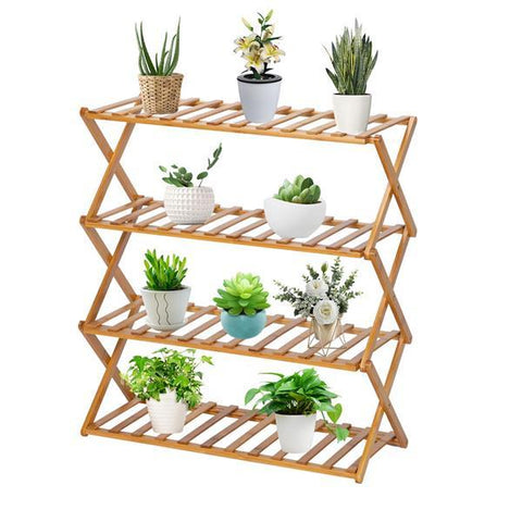4 Layers Folding Bamboo Plant Frame Indoor Outdoor Decoration, Natural
