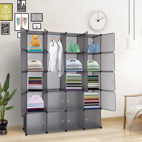20 Stackable Plastic Cube Storage Organizer Multifunctional Closet with Hanging Rod Gray