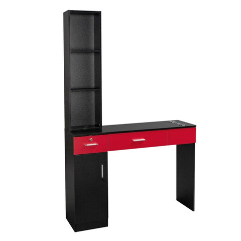 Salon Hairdressing Cabinet With 1 Door, 2 Drawers, 3-Layer Rack and Lock, Black And Red
