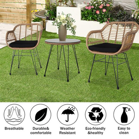 3pcs Wicker Rattan Patio Conversation Set with Tempered Glass Table