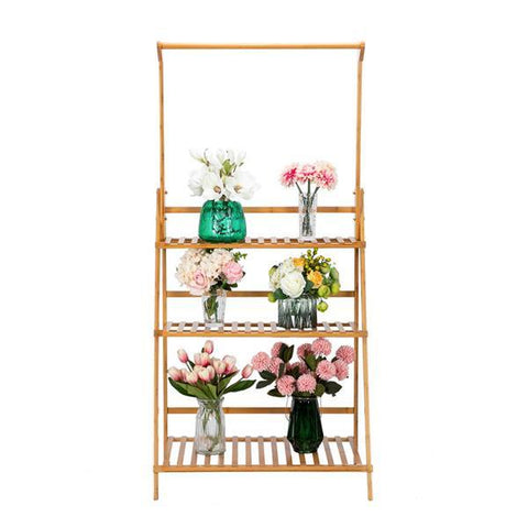 3 Layers Bamboo Plant Frame Folding w/ Hanging Rod Flower Frame, Indoor Outdoor, Natural