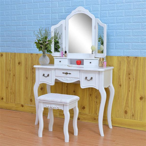 Tri-fold Mirror Dresser with Dressing Stool White
