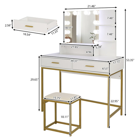 FCH Large Vanity Set with 10 LED Bulbs, Makeup Table with Cushioned Stool, 3 Storage Shelves 2 Drawers, Dressing Table Dresser Desk for Women, Girls, Bedroom, White