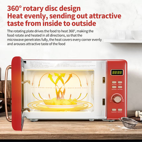 20L Retro Microwave With Display Gold Handle Portable Kitchen Household - Red