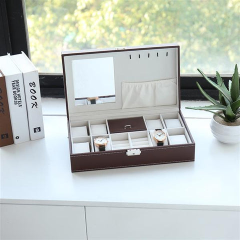🔥 Watch Organizer Jewelry Box Storage Case with Mirror, Lockable, Brown 🔥