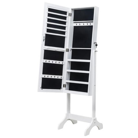 4-Layer Wooden Floor Standing Shelf Jewelry Storage Adjustable Mirror Cabinet, White