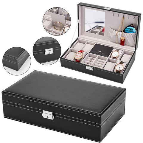 8 Slots Watch Organizer Jewelry Box Storage Case with Lock and Mirror, Black