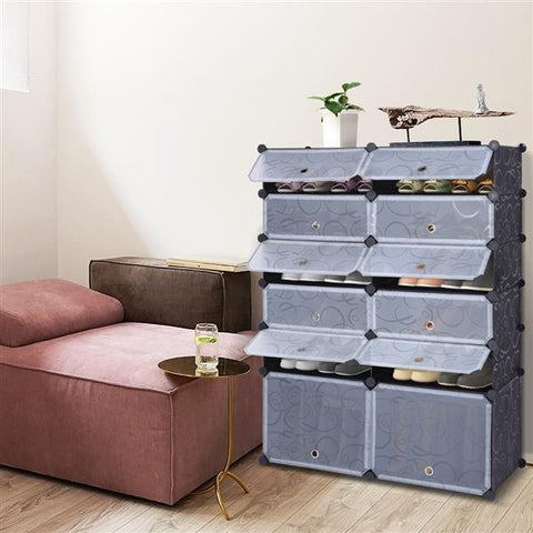 6 Tier 12-Cube Shoe Rack Modular Organizer Plastic Cabinet with Doors