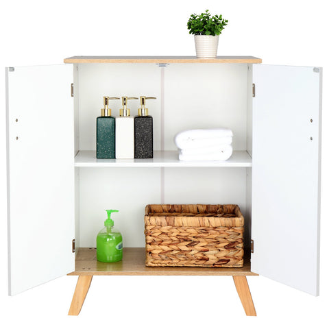FCH Solid Wood Foot Double Door Bathroom Cabinet White & Wood Grain Color