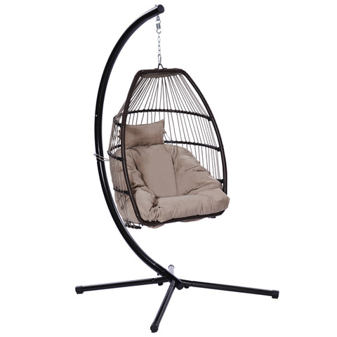 Outdoor Patio Rattan Swing Hammock Egg Chair with C Type Bracket, Cushion and Pillow