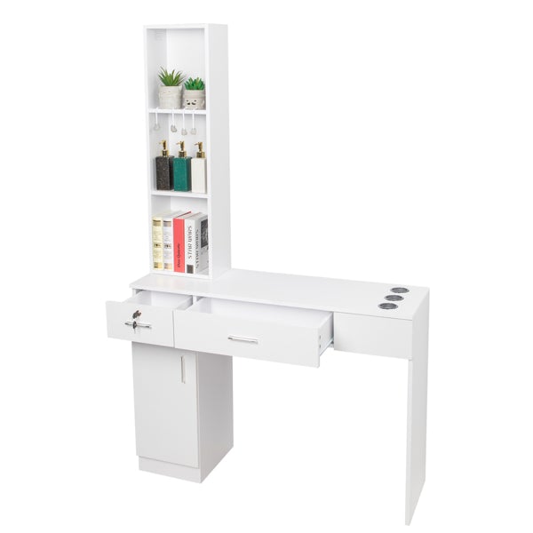 Salon Hairdressing Cabinet with 1 Door, 2 Drawers, 3 Layer Rack and Lock, White