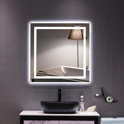Square Touch LED Bathroom Mirror, Tricolor Dimming Lights-32*32