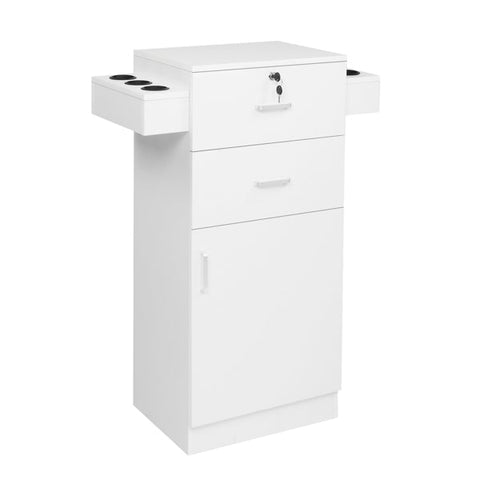 Salon Cabinet with 2 Drawers, 1 Door, 6 Hair Dryer Double Ear Cabinet and Lock, White