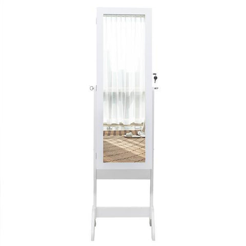 4-Layer Wooden Floor Standing Shelf Jewelry Storage Adjustable Mirror Cabinet, White
