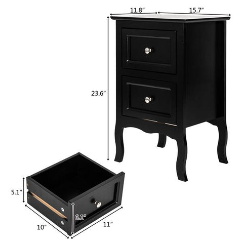 Nightstand Side Tables Large Size 2pcs Country Style with Two-Tier Black
