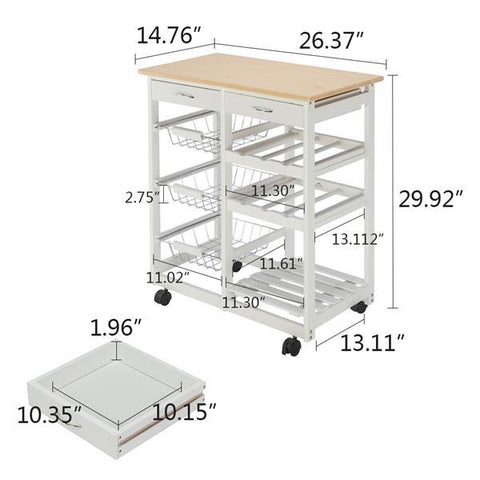 Moveable Kitchen Cart with Two Drawers, Two Wine Racks & Three Baskets, White