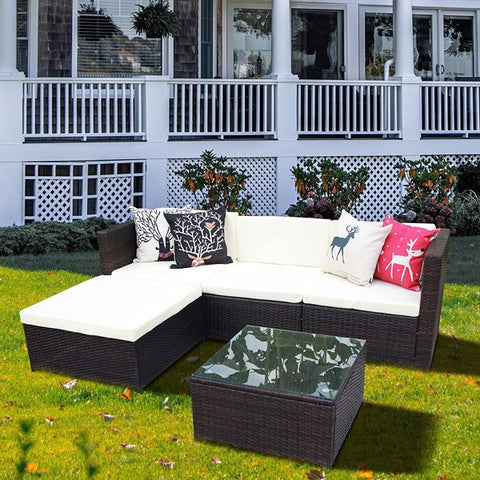 Outdoor Sofa Outdoor Sectional Sofa Patio Seating 5 Pieces Patio Furniture All Weather Manual Weaving Wicker Rattan Patio with Cushion and Glass Table