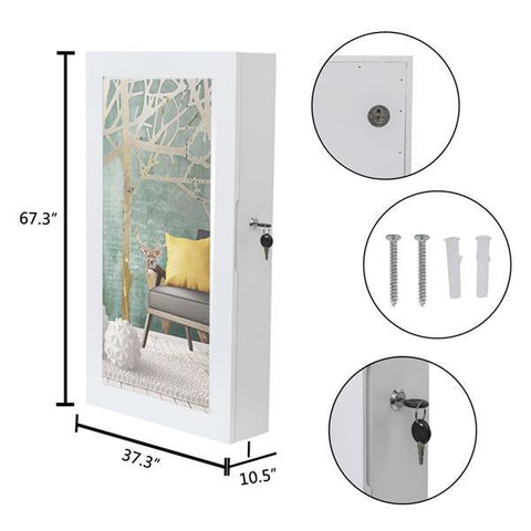 Wall-Mounted Space Saving Jewelry Cabinet Storage Organizer with Mirror, White
